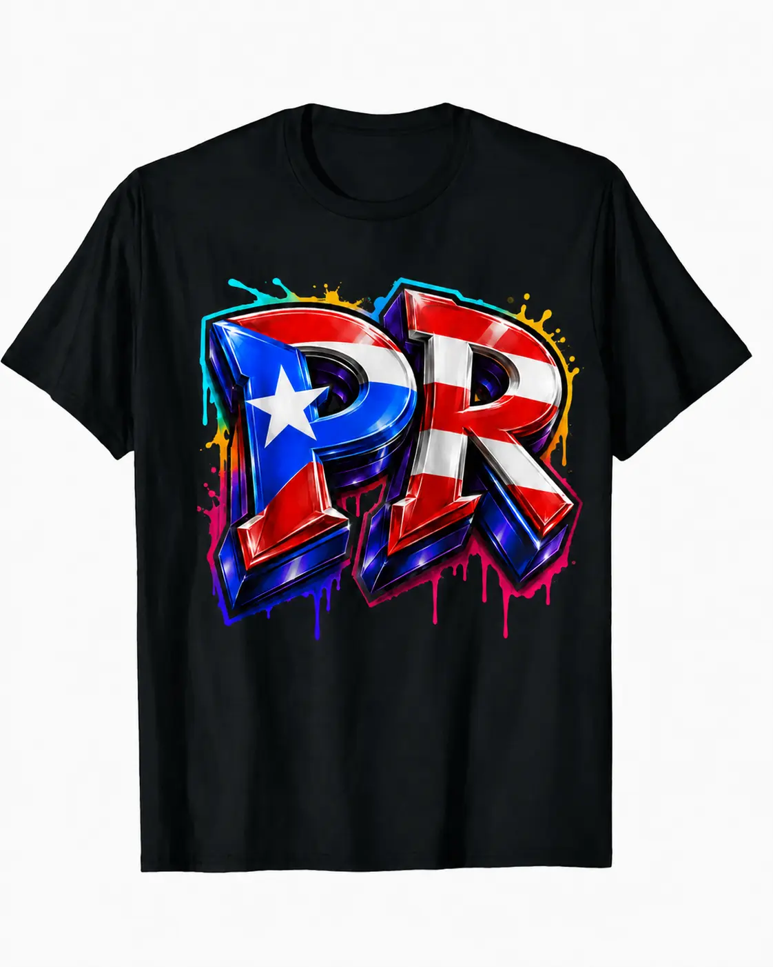 Men's Boricua Pride Graphic T-Shirt, Black Streetwear Tee with Puerto Rico Flag Graffiti, Casual Short-Sleeve Cotton Crewneck, Shortsleeve, Casual Crewneck Tshirt