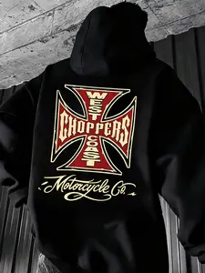 Men's "West Coast Choppers" Graphic Hoodie - Casual Streetwear Pullover for Biker Style Looks, Bold Maltese Cross Design, Trendy Retro Biker Fashion Piece