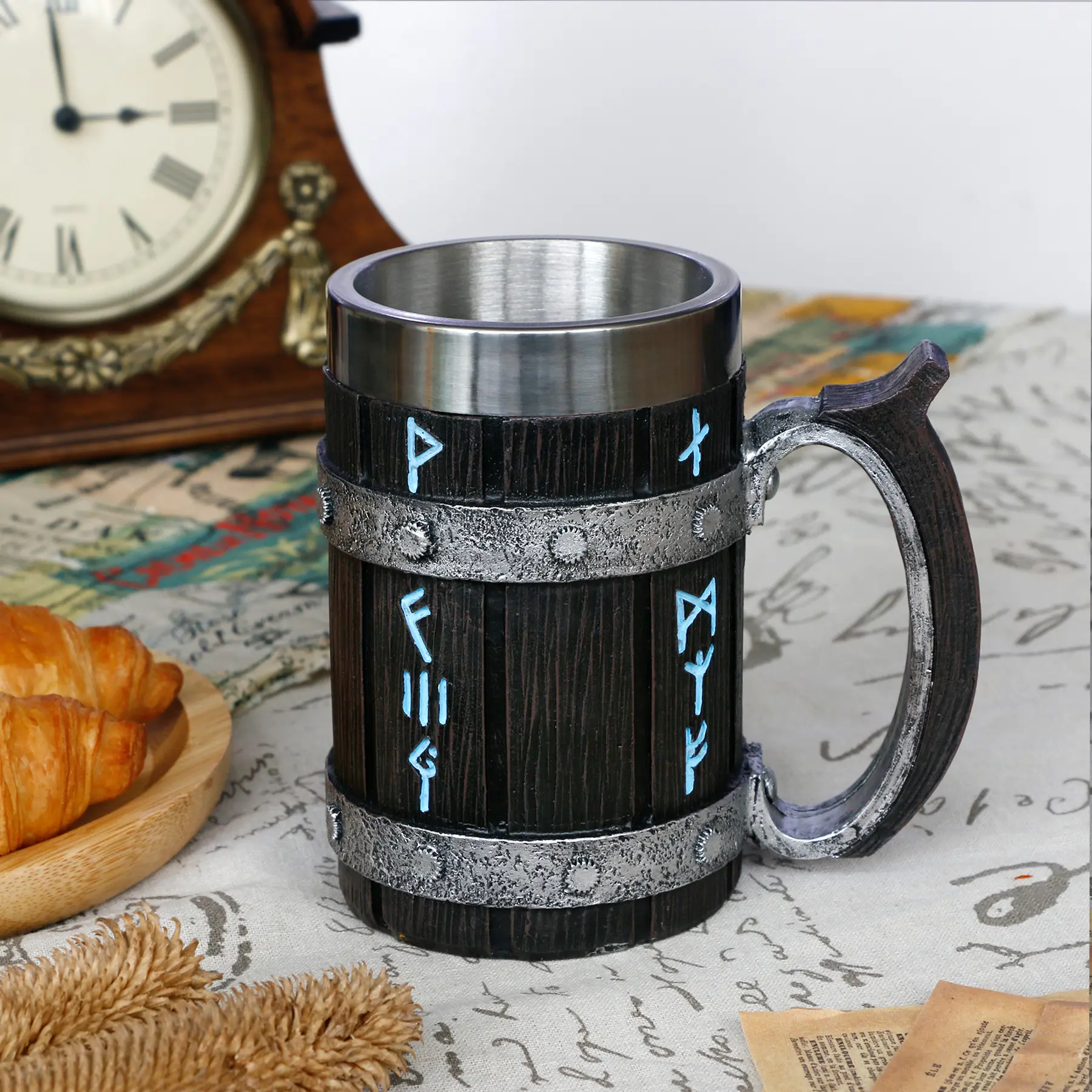 Viking Coffee Mug Gifts for Men - 21OZ Large Viking Rune Cup Wood Style Beer Stein with Handle, Stainless Steel Tankard Beer Mug, Antique gifts for Men Bar Restaurant Renaissance