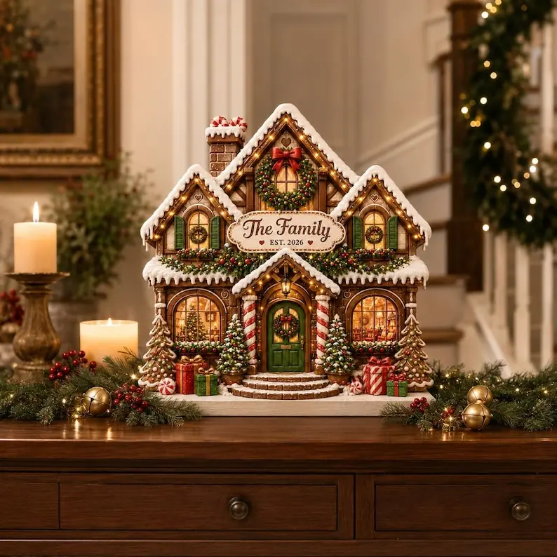 Personalized Christmas Gingerbread House Wooden Block, Custom Family Name Sign, Festive Mantel Decor, Holiday Housewarming Gift, Xmas Decor, Vintage Christmas Decor 2026