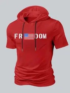 Men's "FREEDOM" American Flag Graphic Short Sleeve Hoodie T-Shirt (1-Pack), Patriotic Streetwear Style, Soft Breathable Fabric, Casual Relaxed Fit, Ideal for 4th of July Celebrations, Memorial Day, Weekend Hangouts & Trendy Casual Wear, Perfect for Patrio