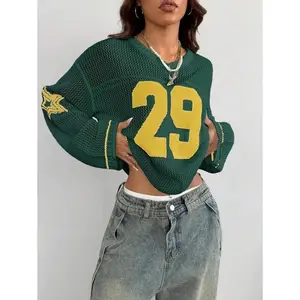 Women Couple Same Style Knit Green Striped & Number Printed Oversized Jersey Cover Up Sweater Tops For School Chunky Sweater In Fall/Winter