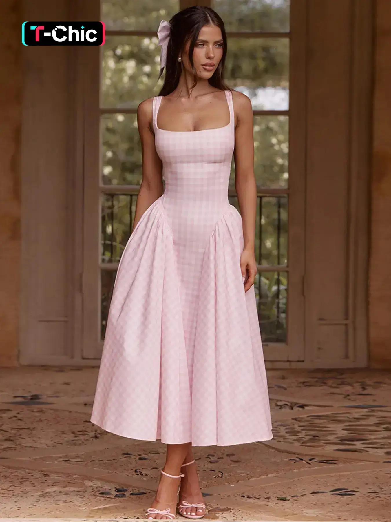 Women's Gingham Plaid Print Square-Neck Basque-Waist Tank Dress, Chic Slim Casual Sleeveless Ruched A-Line Dress for Daily Outdoor Wear, Ladies' Summer Dress