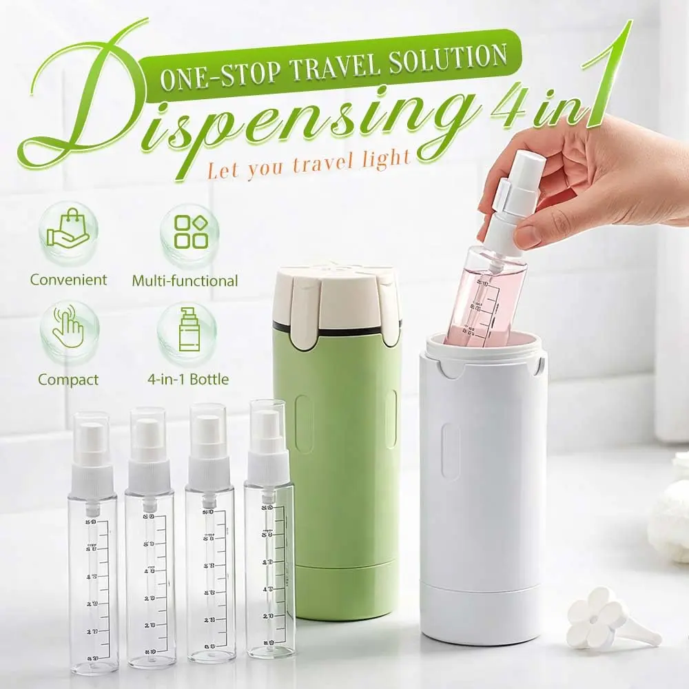 4-In-1 Compact Portable Travel Bottle Kit - Home Organizer Storage Set with Multi-Functional Toiletry Bag, Mini Airplane Bottle Canister Dispenser, Mini Toiletries for Purse, Green & White Options
