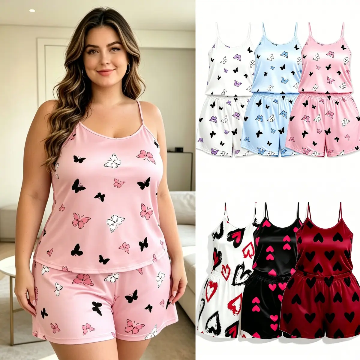 Pajama Set，Women 3 Sets Butterfly Print Camisole Pajamas, Soft Polyester Sleeveless Tank Top & Elastic Waist Shorts Loungewear Sleepwear，Butterfly Print 3-piece Pajama Set，Heart Print 3-piece Pajama Set
