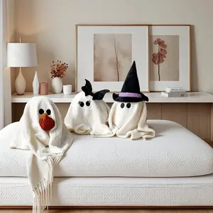 Cute Plush Ghost Pillow with Pumpkin and Bow, Halloween Decoration Cushion, Festive Home Decor, Sofa Bed Bedroom Pillows