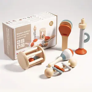 Five-Piece Toddler Wooden Percussion Instrument Set, Includes Bells, Maracas, Piano, Educational Toy Combo, Enhances Hearing Ability