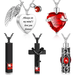5 Pcs Urn Necklace for Ashes Cremation Keepsake Necklace for Ashes of Loved Heart Cross Cubic Stainless Steel Memorial Locket Urn Keepsake Jewelry for Women Men, 5 Styles