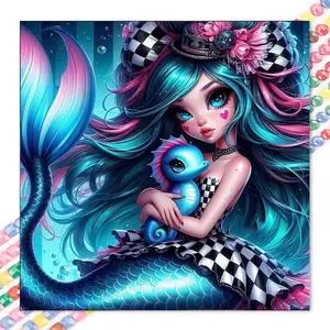 1 set of DIY diamond painting kit, 5D diamond art set, DIY decoration of beautiful mermaid, charming seahorse, colorful long hair. Full round drill diamond painting kit, mosaic, diamond art, DIY art home decoration, Crafts, suitable for Christmas.
