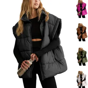 Tanming Womens Spring Oversized Puffer Vest Lightweight Stand Collar Padded Puffy Jackets Coat with Pockets Outerwear Casual Tops