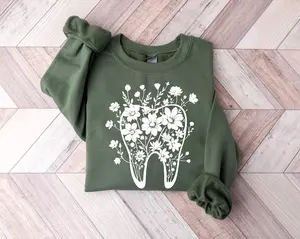Floral Tooth Sweatshirt | Dentist Gift | Dental Hygienist Sweater | Dental Assistant Sweatshirt | Dental Student Gift | Cute Tooth Sweater Menswear Canvas
