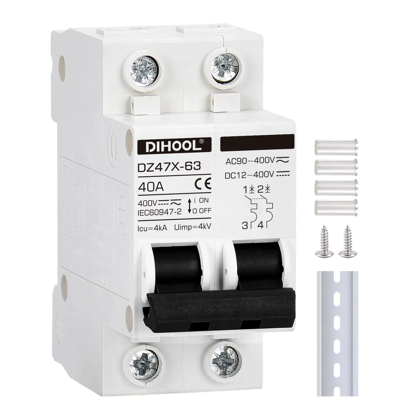 Solar Disconnect Switch, 40 Amp 2 Pole, DIN Rail Mount, Non Polarized, 12V 24V 48V 400V, AC/DC Circuit Breaker, RV Battery Isolator, PV Array MCB, Thermal Magnetic Trip