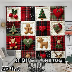 2D Flat 2Pcs Christmas Quilted Curtains Plaid Pattern with Felt Applique Gingerbread Man Reindeer Heart Tree Bear Snowman Holiday Theme Window Drapes for Living Room Bedroom Kitchen Home Decor FIAT DIRT DLFRITOG