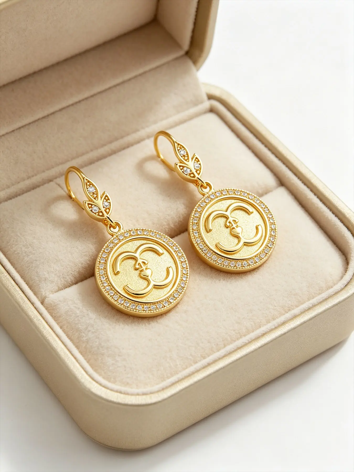 1 Pair Vintage Women's 18K Gold Plated Copper Double C Earrings, Sparkling Cubic Zirconia Inlaid Coin Dangle Earrings, Round Medallion Drop Earrings for Daily Wear