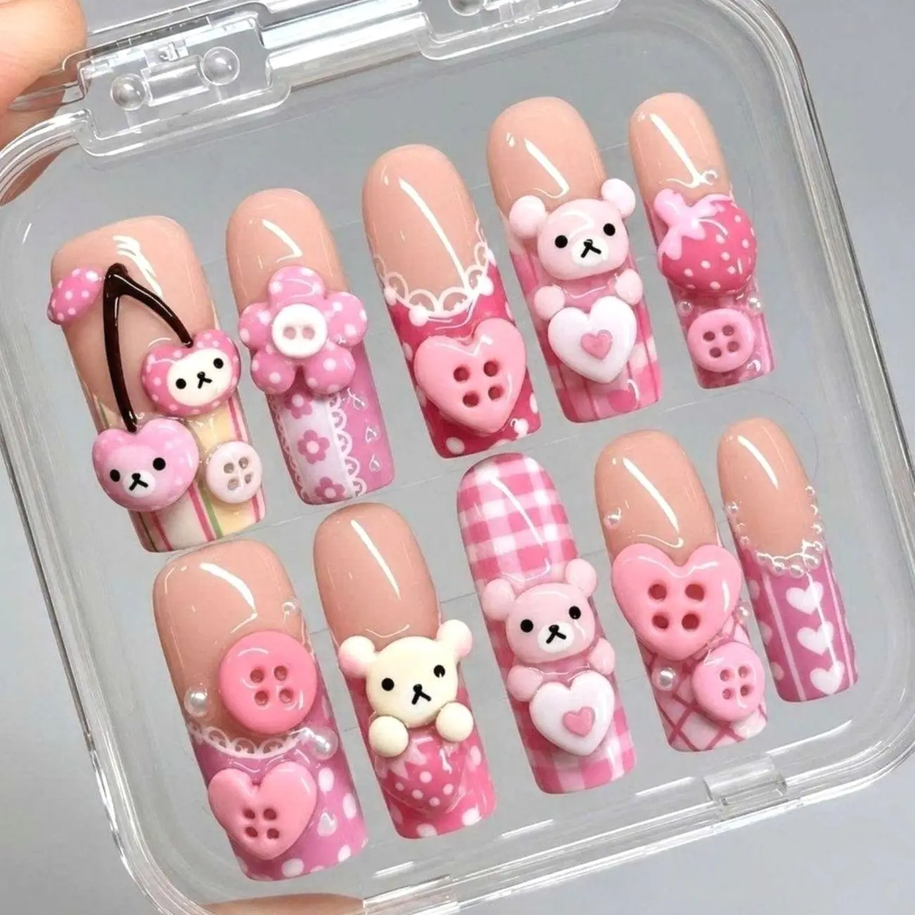 Pink Bear Press On Nails, 3D Heart Button Charms, Strawberry Details, Gingham Pattern, Sweet Romantic Nail Art, Playful Statement Set