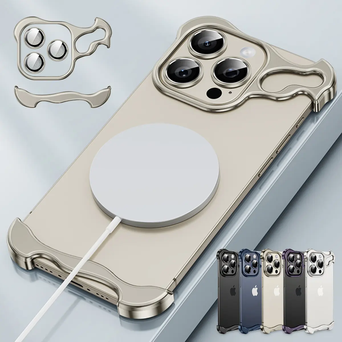 Metal Frameless Corner Pads & Lens Protector for iPhone 17 16 15 14 13 Pro Max Case, Minimalist Aluminum Metal Luxury Corner Edge Pad, Shockproof Case, Bezel Less Ultra Thin Magnetic for iPhone 17 ProMax 16 15 14 13, Phonecase Smartphone Accessories