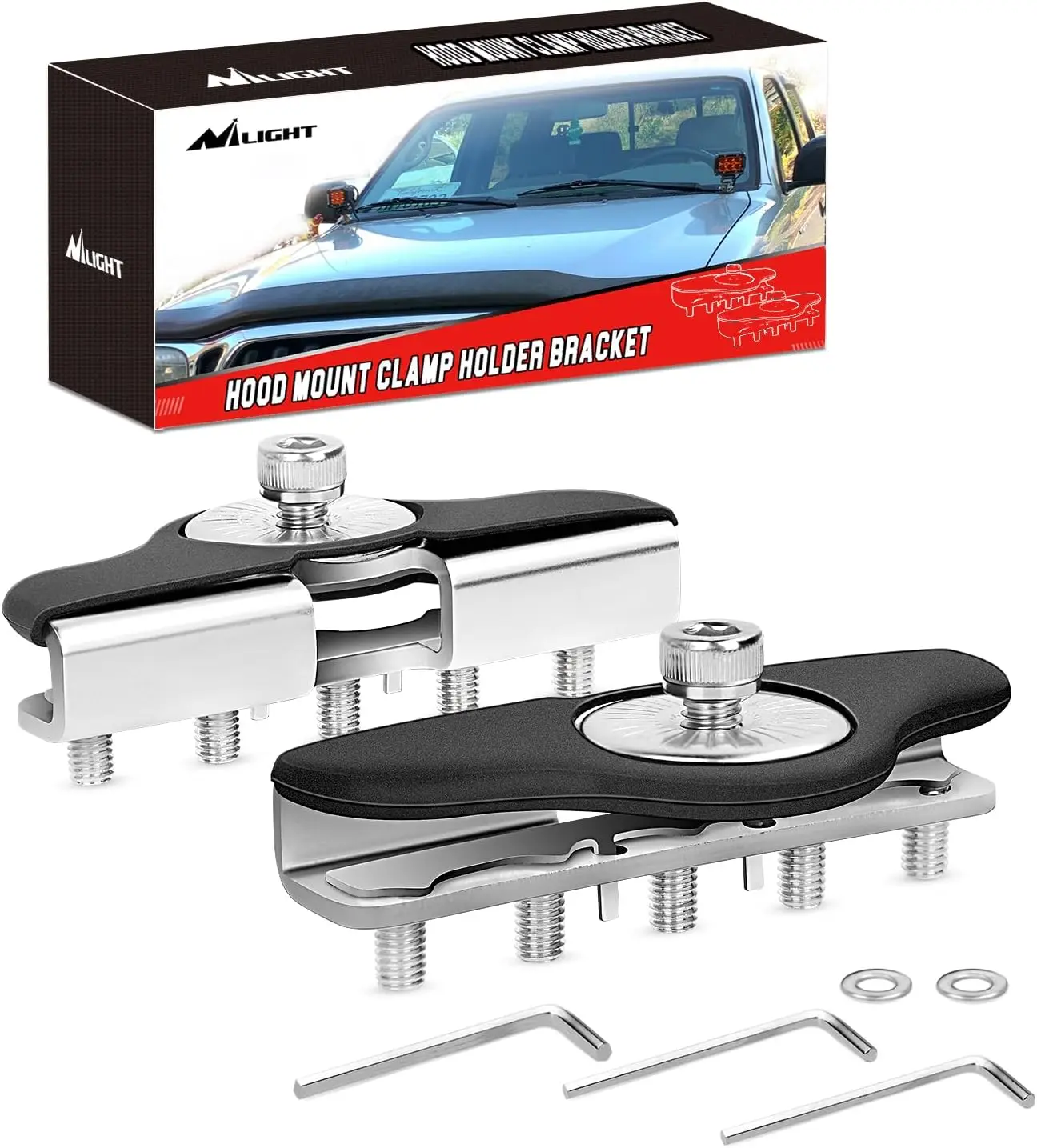 Nilight 2pcs No-Drilling Universal Hood Mounting Brackets - Rubber Anti-Slip Surface Light Bar Car Clamp Holders, Black Easy-Install High-Compatibility Aftermarket Semi Truck Accessories, Fits LED Pods, 2-Year Warranty
