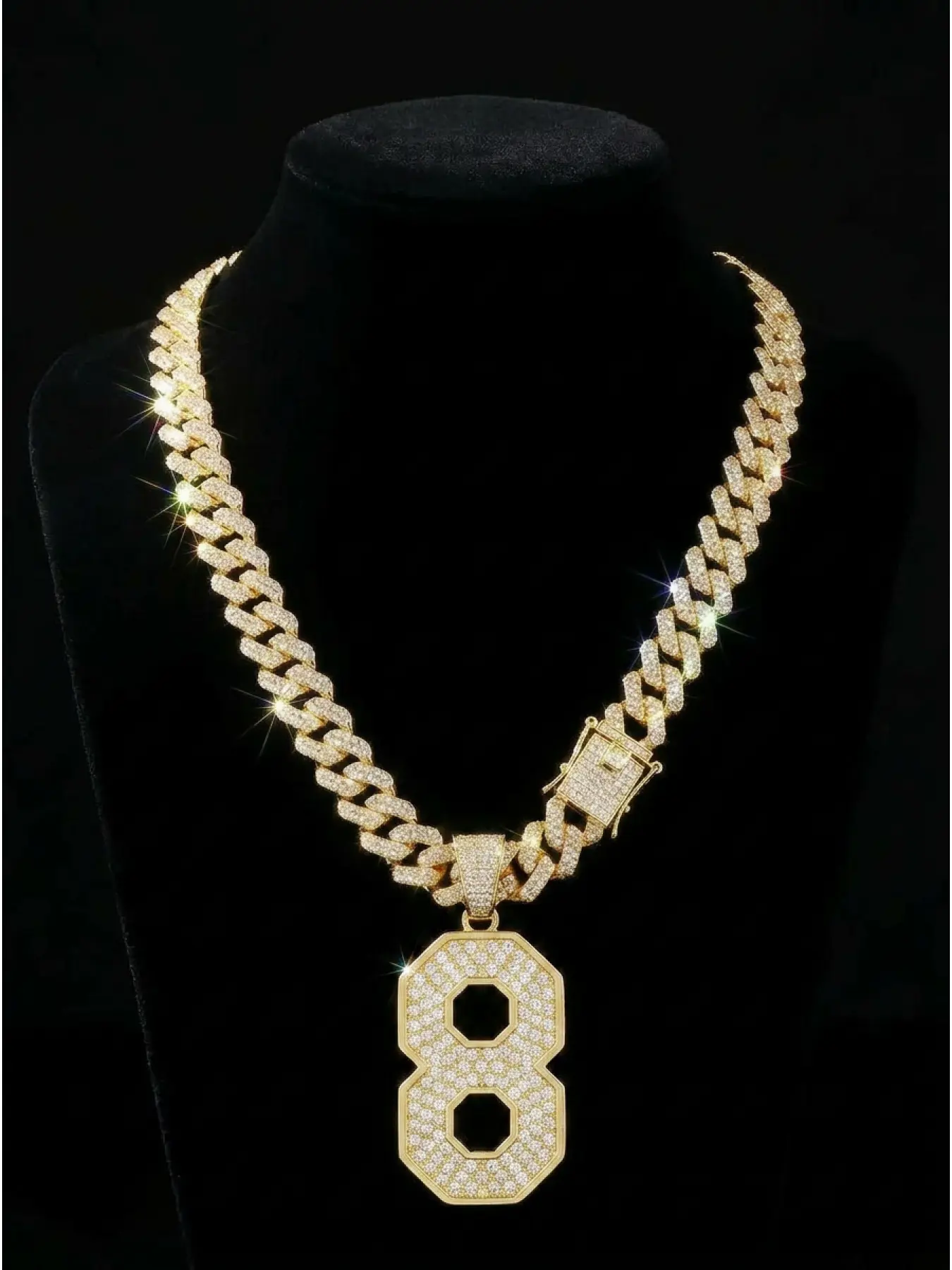 Number 8 Pendant Chunky Necklace for Men, Iced Out Cuban Link Design Chain, Gold Tone Hip Hop Jewelry, Statement Chain Gift for Him