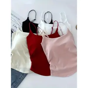 Women's Set of 5 Versatile Camisoles with Unique Design, Pleated Style for Base Layer or Support, Complete Fixed Cups Included Tops Casual Fabric Spandex Womenswear Basic Minimalist Short Sleeveless Spaghetti Strap