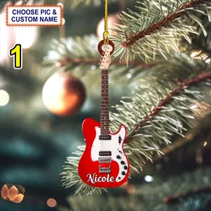 Custom Name Classic Guitar Christmas Ornament, Christmas Tree Hanging Decor, Flat 2D Ornament Acrylic/ Wooden, Guitar Lover Gift