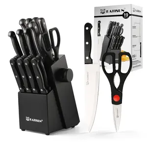 19 Pieces Carbon Steel Kitchen Knife Block Set, Built-in Sharpener and Meat Fork, German Steel, Dishwasher Safe, Kitchen Knife Set with Wooden Block for Chopping, Slicing, Dicing&Cutting,TikTokShopBlackFriday