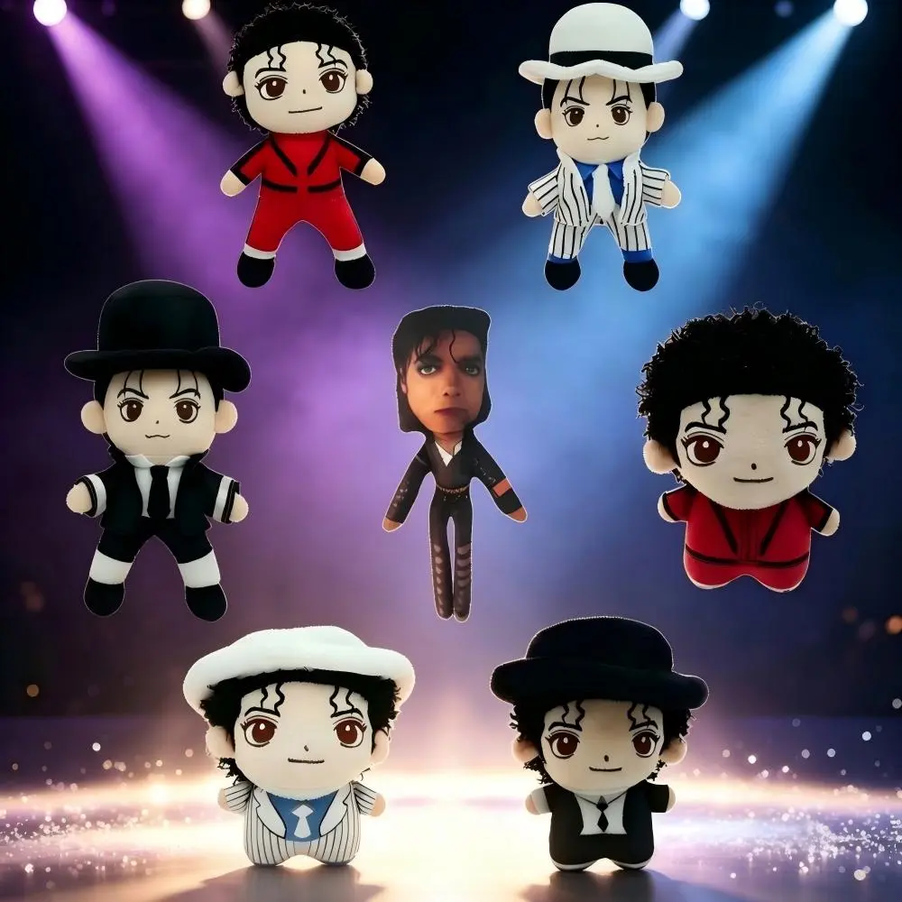 Michael Jackson Plush Doll Soft Stuffed Collectible Toy with Classic Red Jacket White Suit Black Hat, Cute Pop Star Figure Gift for MJ Fans