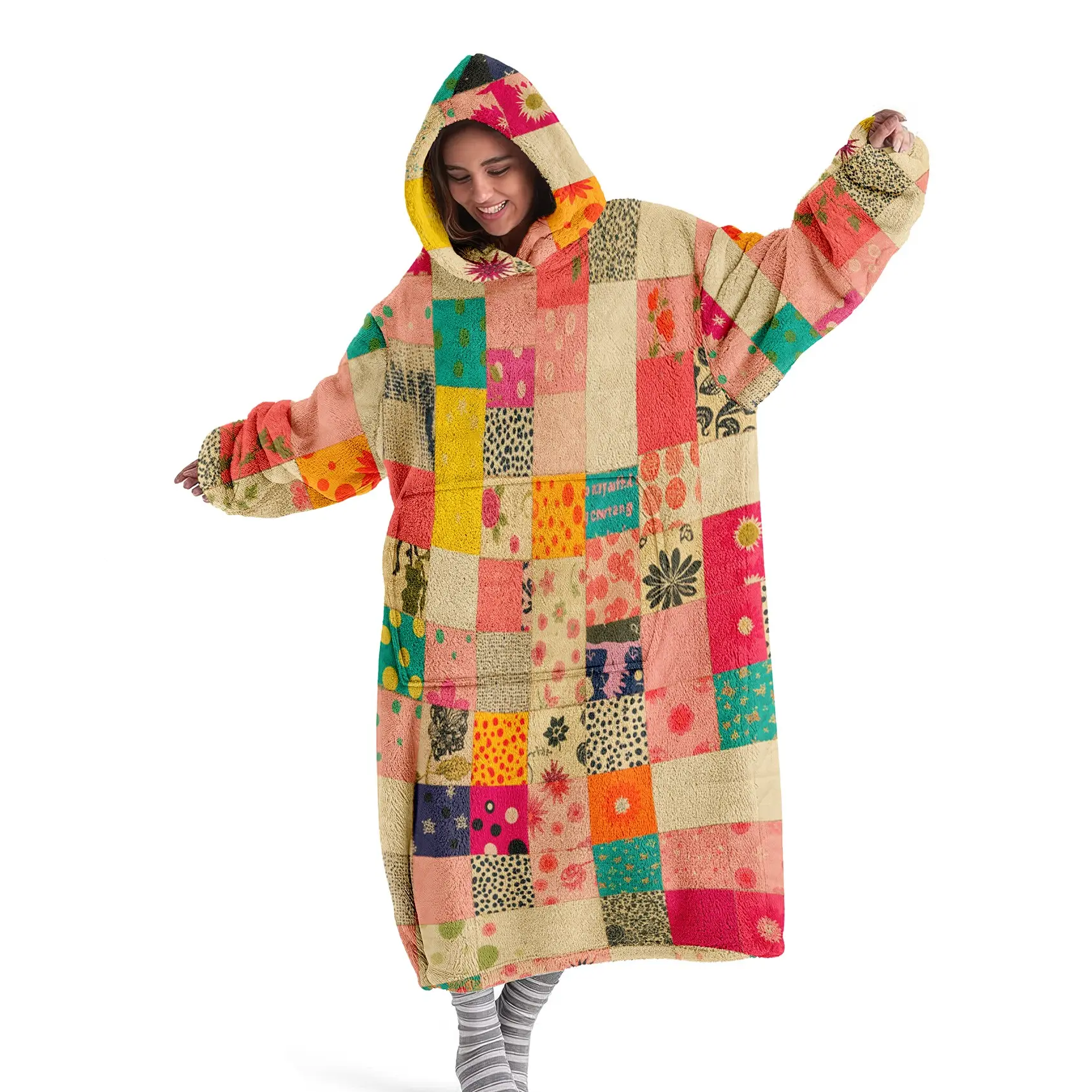Cozy hooded blanket, Hooded wearable blanket with colorful plaid print, digitally printed flannel blanket, soft and warm blanket suitable for sofa cover, air conditioning blanket, nap blanket, camping and travel