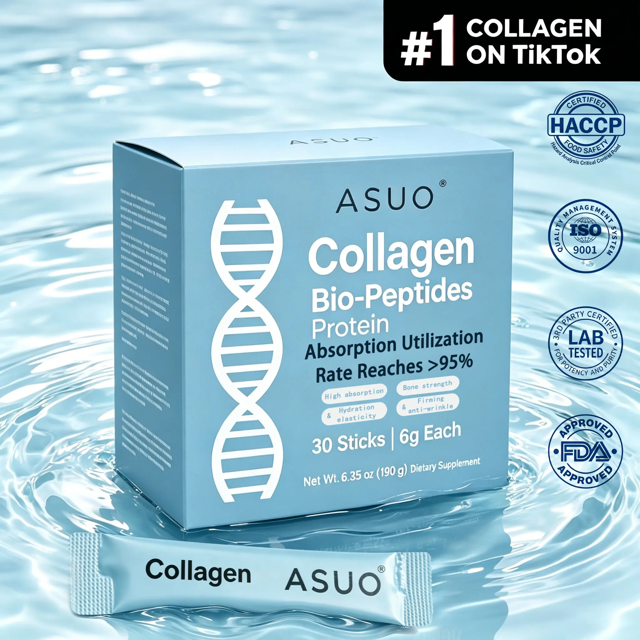ASUO Upgraded Collagen Peptides Powder - 30 Individually Wrapped Packets, Simple & Convenient, Grassfed Protein Supplement, Advanced with 18 Essential Amino Acids, Fitness, Dietary, Sugar Free, Vegan, Dairy Free, Adults, Anti-Aging Supplements