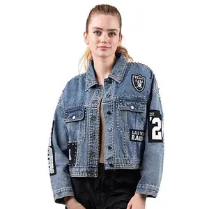 Football Fan Shop Officially Licensed NFL G34Her By Carl Banks Game Ball Denim Jacket - Raiders