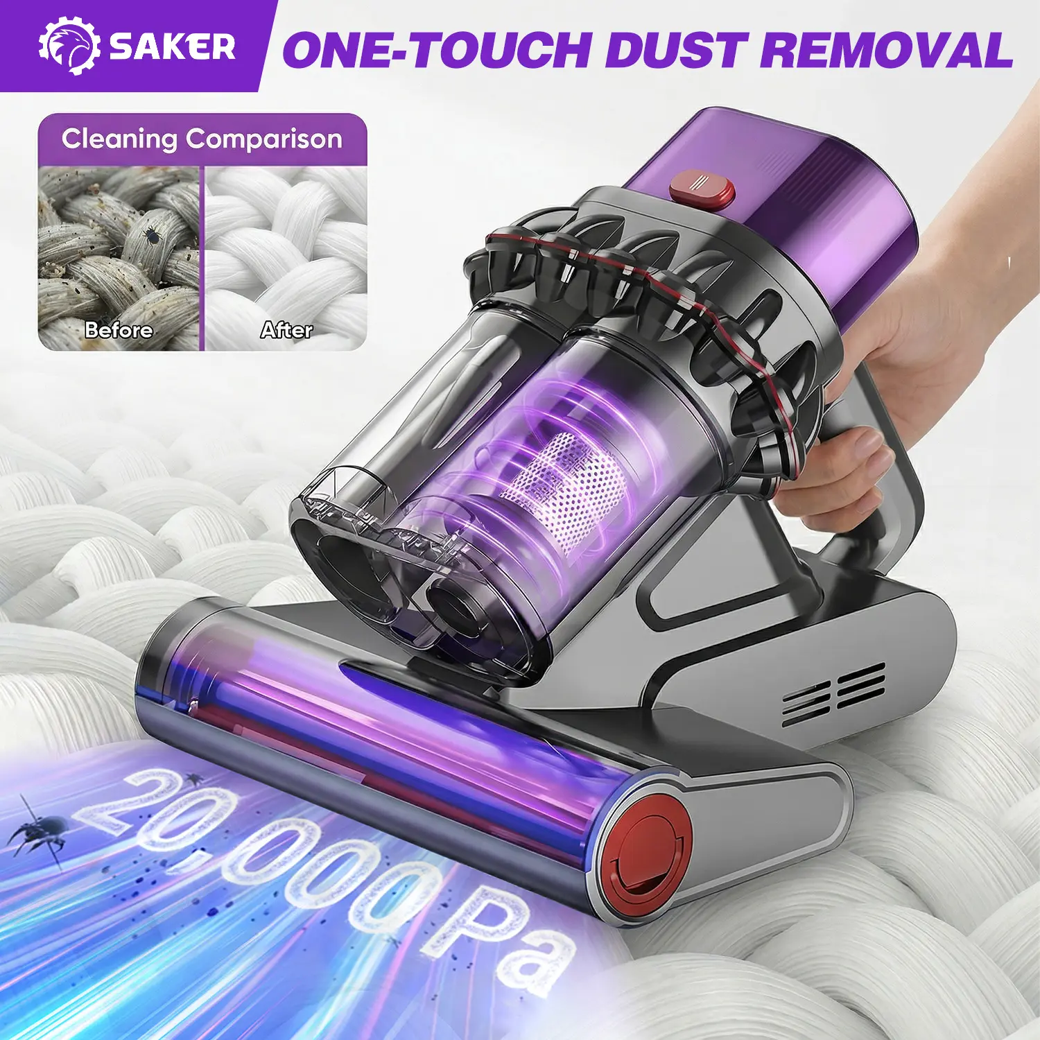 Saker Mattress Vacuum Cleaner 20kPa Suction 36000 RPM One-Touch Dust Removal 65°C Hot Air Dehumidification for Beds Sofas Pets