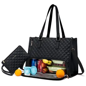 Large Women's Lunch Bags with Insulated Compartment 15.6" Laptop Tote Bag with Leakproof Lunch Box Pocket Work Bag Handbag Black Quilted Design Travel Essentials