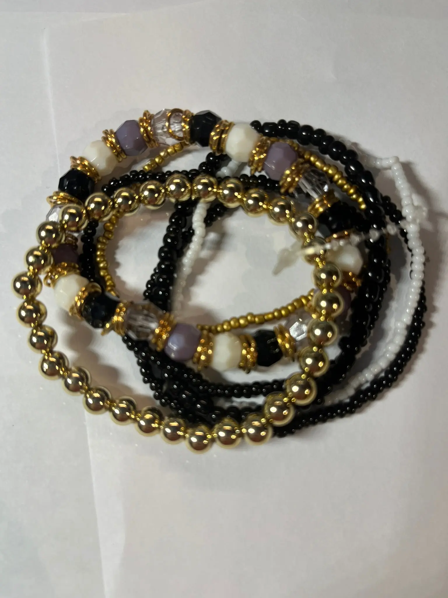 Stretchy Bangled Bracelets - White, Purple, Clear Beads with Gold Spacers, 1 Gold Bracelet, 3 Black, 1 White and 3 Medium & Small Beads - Unisex