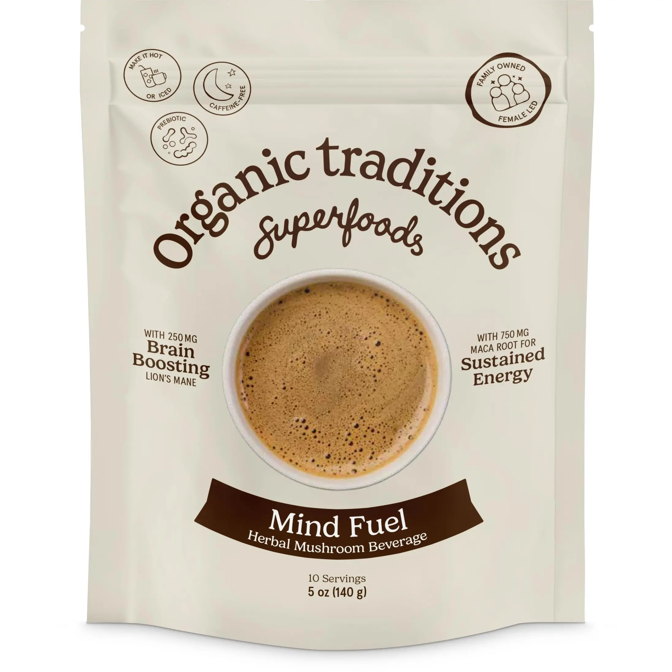 Organic Traditions Mind Fuel Instant Mushroom Coffee Alternative – Caffeine-Free Herbal Mushroom Drink - Organic Lion’s Mane, Maca, Dandelion & Chicory – Focus, Energy & Cognitive Support – 10 Servings – 140g, 7.4oz Beverage