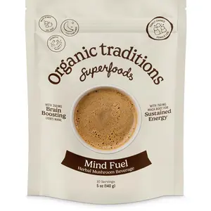 Organic Traditions Mind Fuel Instant Mushroom Coffee Alternative – Caffeine-Free Herbal Mushroom Drink - Organic Lion’s Mane, Maca, Dandelion & Chicory – Focus, Energy & Cognitive Support – 10 Servings – 140g, 7.4oz Beverage