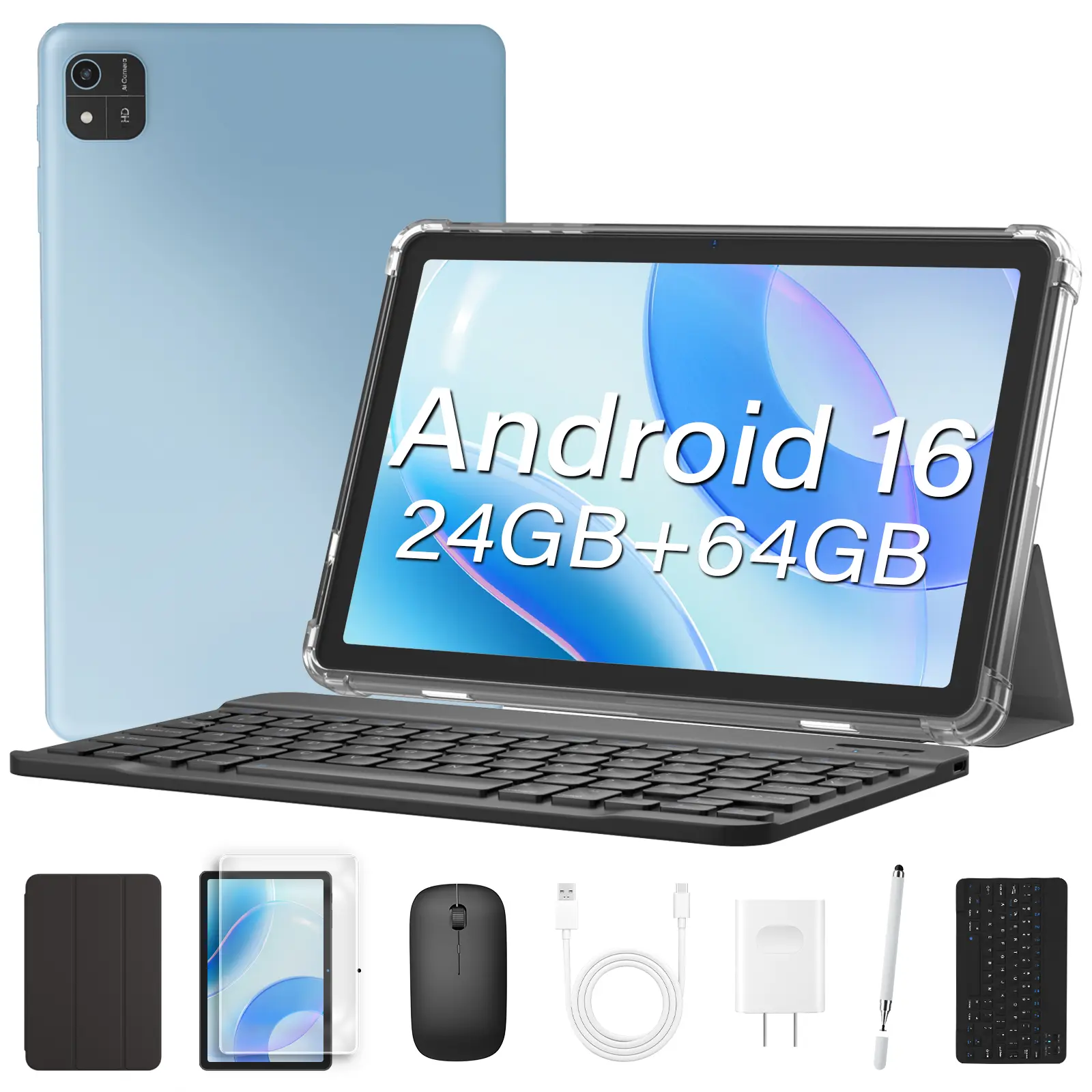 LCD Display Tablet with Keyboard Set - Android 16 Tablet Computer, 30GB+64GB ROM, 5G WiFi, 8-Megapixel Camera, Comfortable Typing Kit, Case, Mouse, Stylus, Screen Protector, USB Port, Dad Gift Bundle, Tablets With Keyboard, Touchscreen Tablet Android Tabl