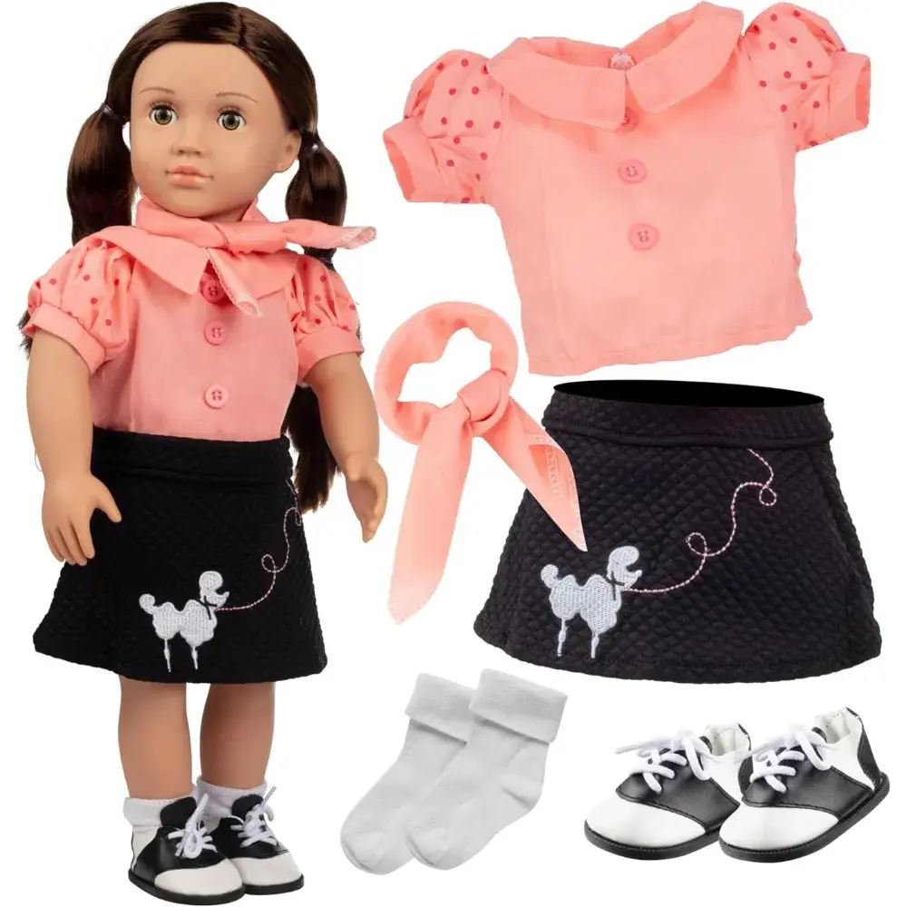 Poodle Skirt Doll Outfit for American 18" Girl Dolls (5 Piece Set) - 1950's Costume Clothes Include Scarf, Skirt, Shirt, Socks, Shoes