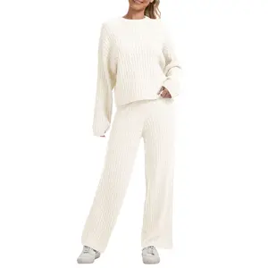 AnotherChill Women's Cable Knit Sweater Lounge Set – Long Sleeve Pullover Top & High-Waisted Wide Leg Pants, Cozy 2-Piece Outfit for Fall & Winter