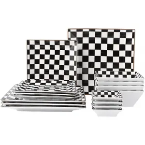 Checker Porcelain Square Dinnerware Set for 4, Dishes Set for 4 with 3.3-inch Dipping Saucers, Black and White Plates and Bowls Set