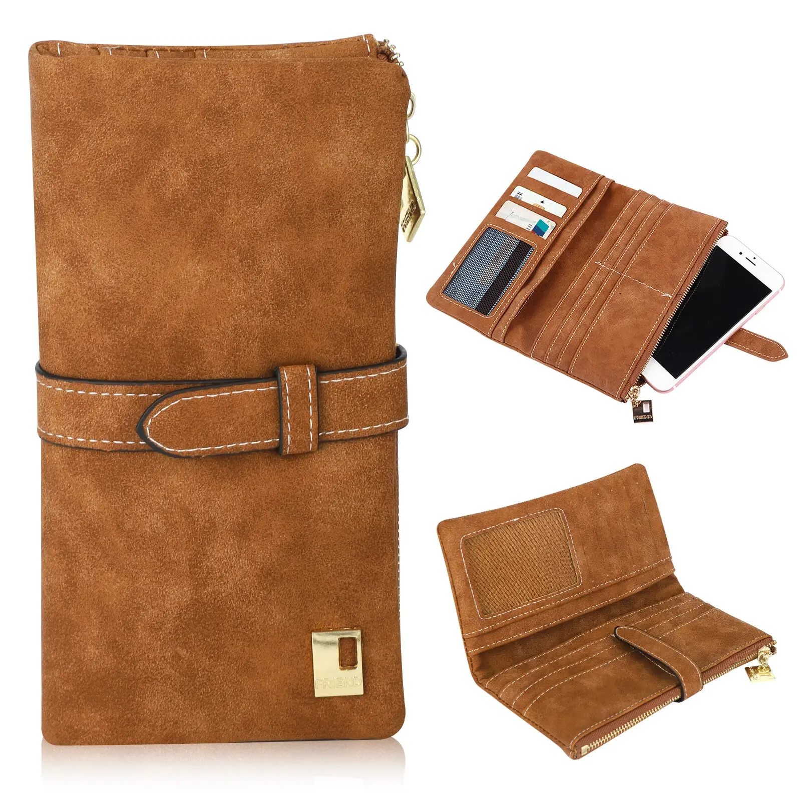 Brown Women Lady Suede Leather Long Wallet Card Holder Purse Handbag Clutch US
