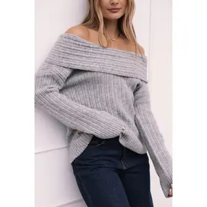 Kenny Off Shoulder Knit Sweater - Grey