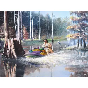 Man Riding Colorful Jet Ski In Swamp Forest Canvas Wall Art, Funny Surreal Louisiana Bayou Oil Painting Print, Modern Whimsical Nature Decor Unframed Canvas Poster, Frame Not Included