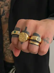 4 Piece Set Style Embossed Badge Rings, Elegant Artificial Gemstones, Unisex Fashion Jewelry for Daily Wear, Stacking Ring Set, Stackable Rings, Statement Multi Ring, Artificial Zircon Ring