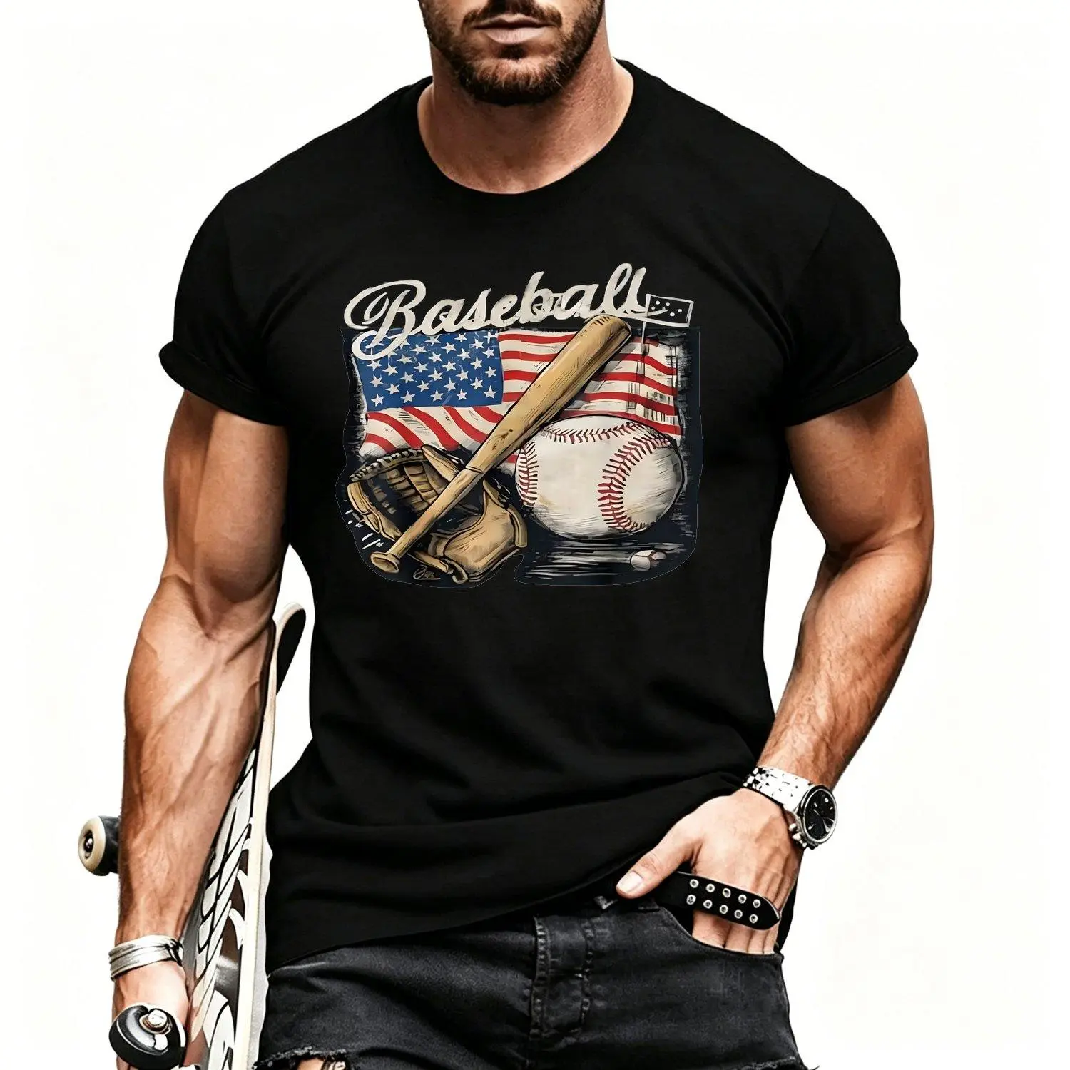 American Flag Baseball Player Graphic T Shirt Men Patriotic Baseball Fan Batter Catcher Pitcher Sports Casual Vintage Athletic Style