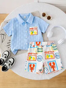 Boys' Blue Striped Short Set with Pocket Shirt & Food Print Shorts, Casual Loose Fit Summer for Outdoor Sports and Daily Wear