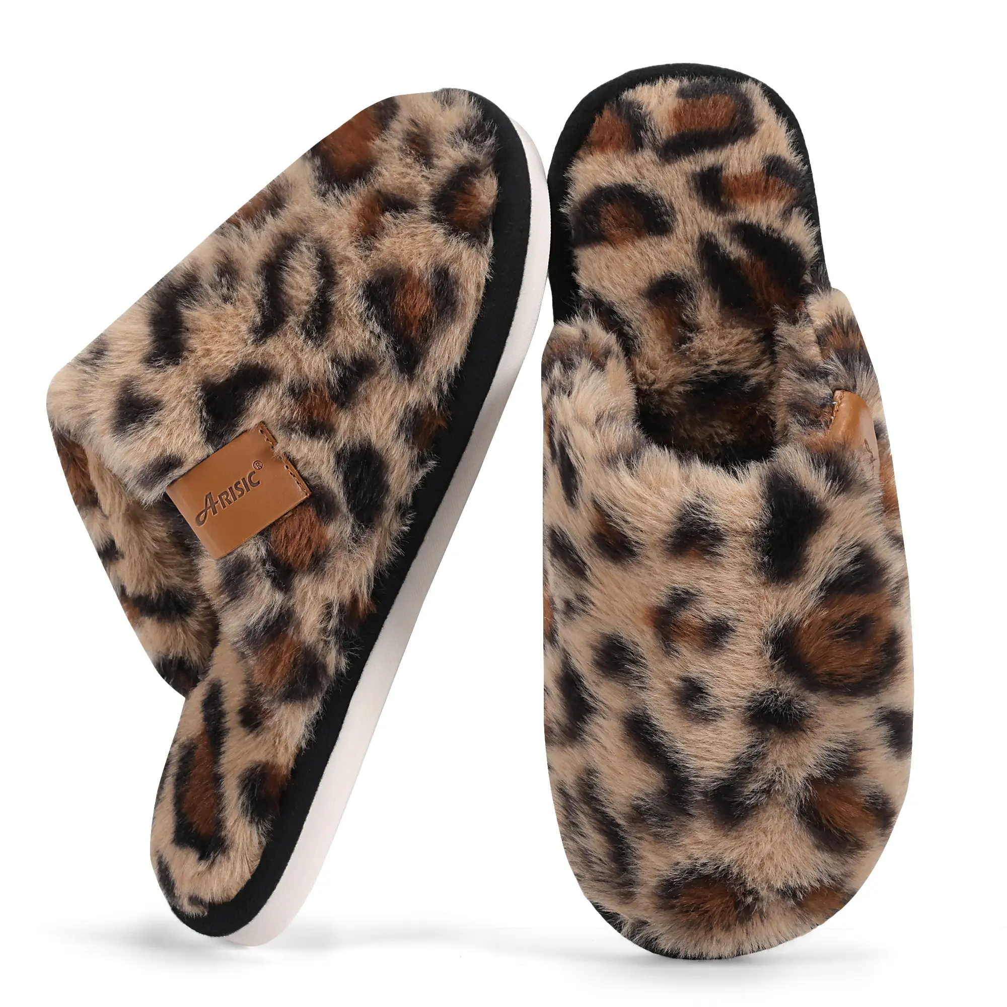Women’s Fuzzy Plush House Slippers, Soft Warm Slip‑On Non‑Slip Indoor Bedroom Home Shoes, Leopard Print & Solid Color