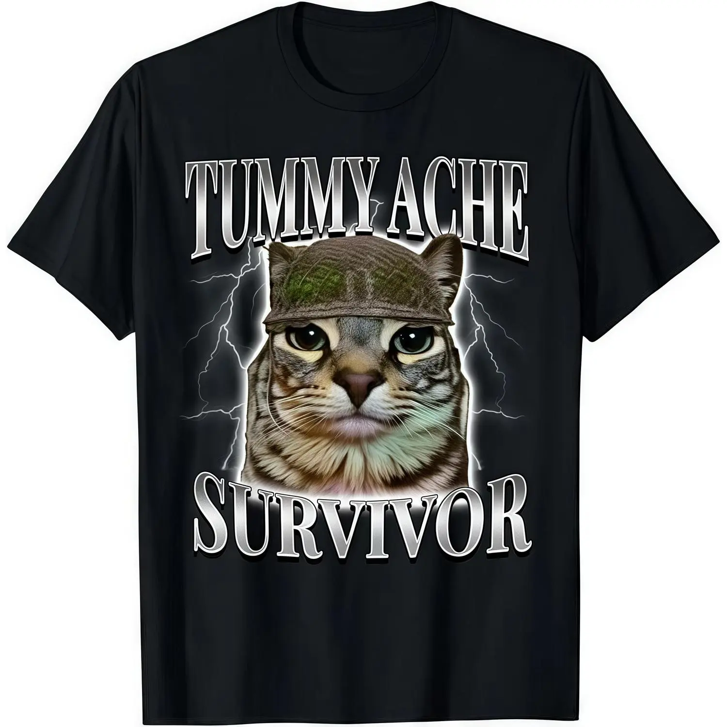 “Humorous Cat Meme T - Shirt: 'Tummy Ache Survivor' Cool Cat Graphic”
