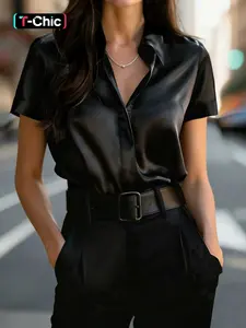 Spring Summer Women's Fashion Basic Minimalist Elegant V-Neck Short Sleeve Slim Fit Fitted Formal Shirt, Ladies Button Front Blouse, Business Casual Wear, Casual Business Top