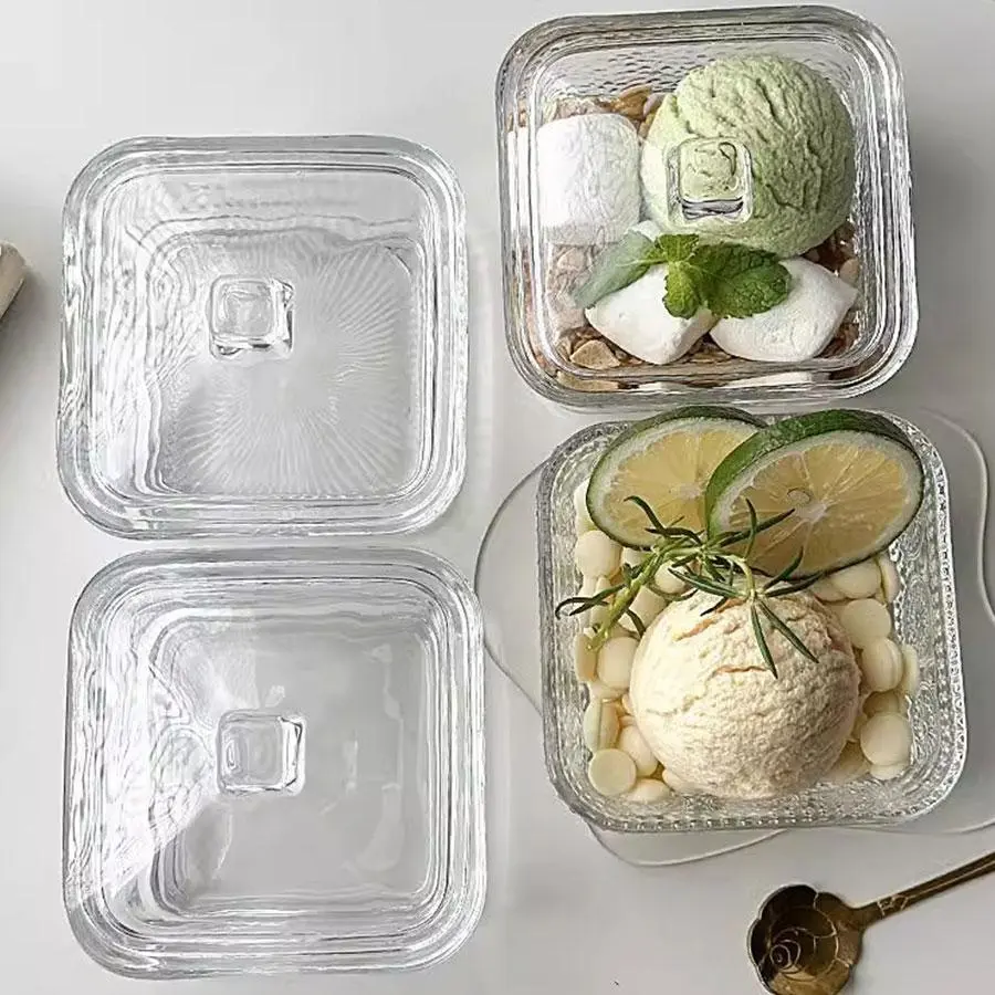 Clear Glass Dessert Bowl with Lid, Square Ice Cream Bowl, Dessert Container for Home Kitchen Party Picnic