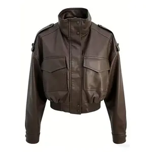 Women’s Shiny Glossy Faux Leather Aviator Jacket, Stand Collar Long Sleeve Zip Pocket Design, Casual Elastic Hem Short Coat