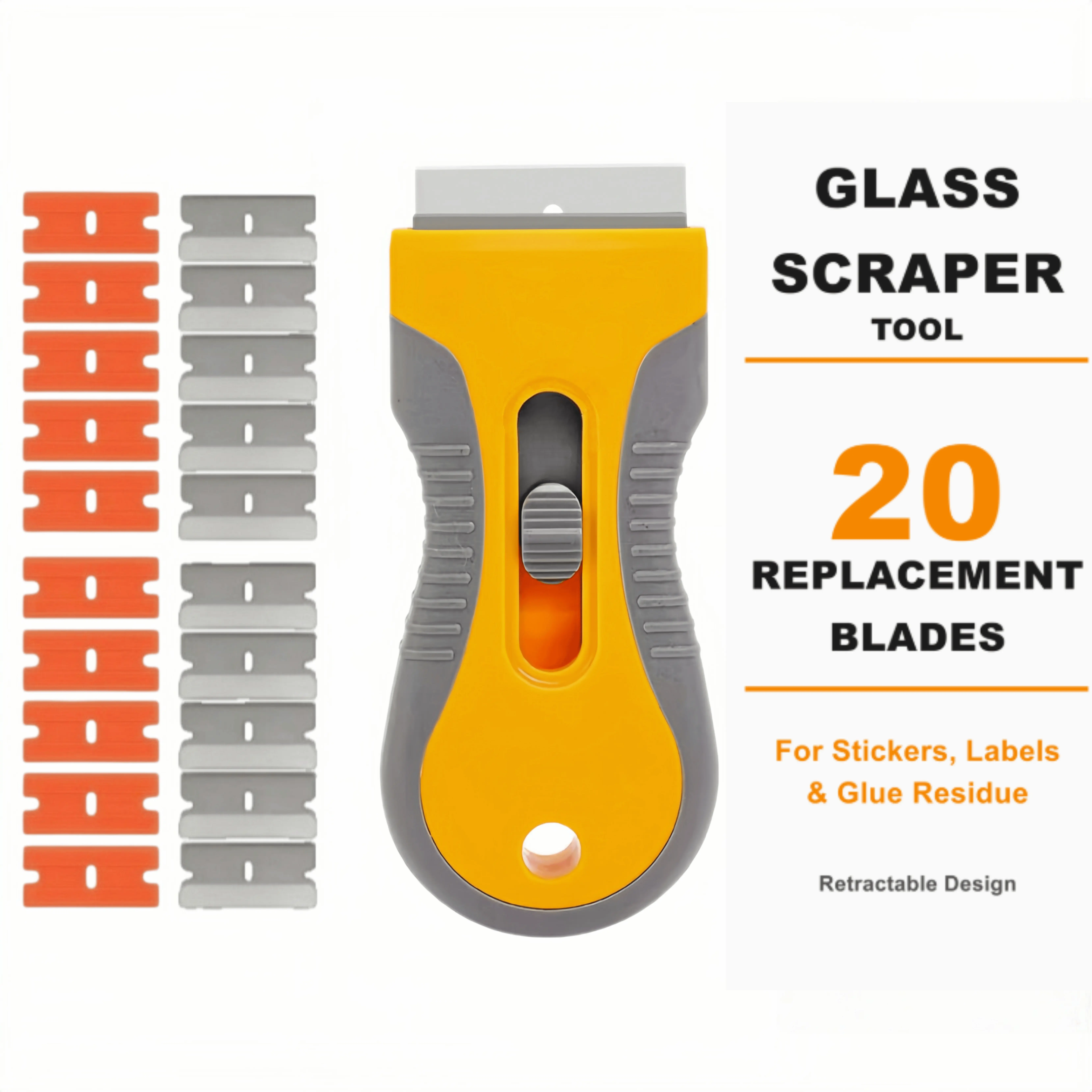 Retractable Glass Scraper Tool with 20 Replacement Blades, Sticker and Glue Residue Remover for Windows, Stovetops, Tiles and Home Cleaning,Plastic Mirrors Rubber Vinyl